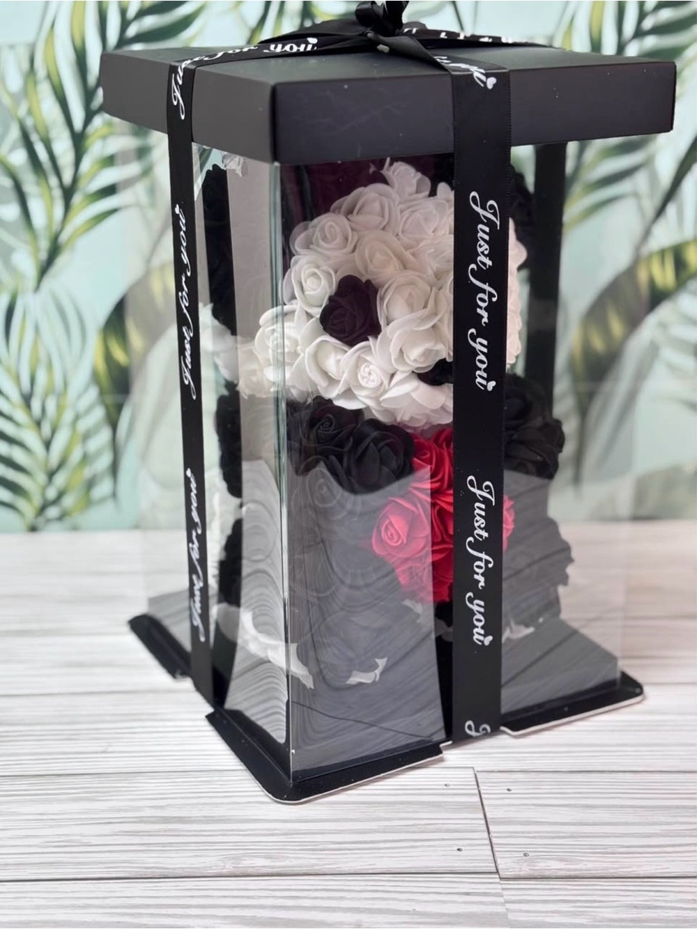 Gift Box of Black, White and Red Foam Rose Arrangement